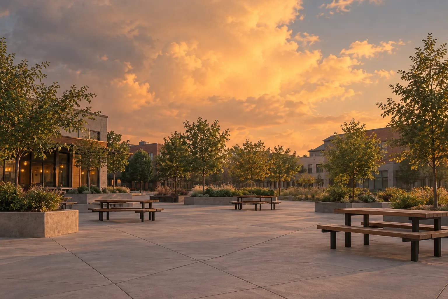 A wide view of a pedestrian plaza opposite a restaurant, showing open paving, casual outdoor seating and surrounding Silver Lake buildings in soft daylight, with no people or readable signs.