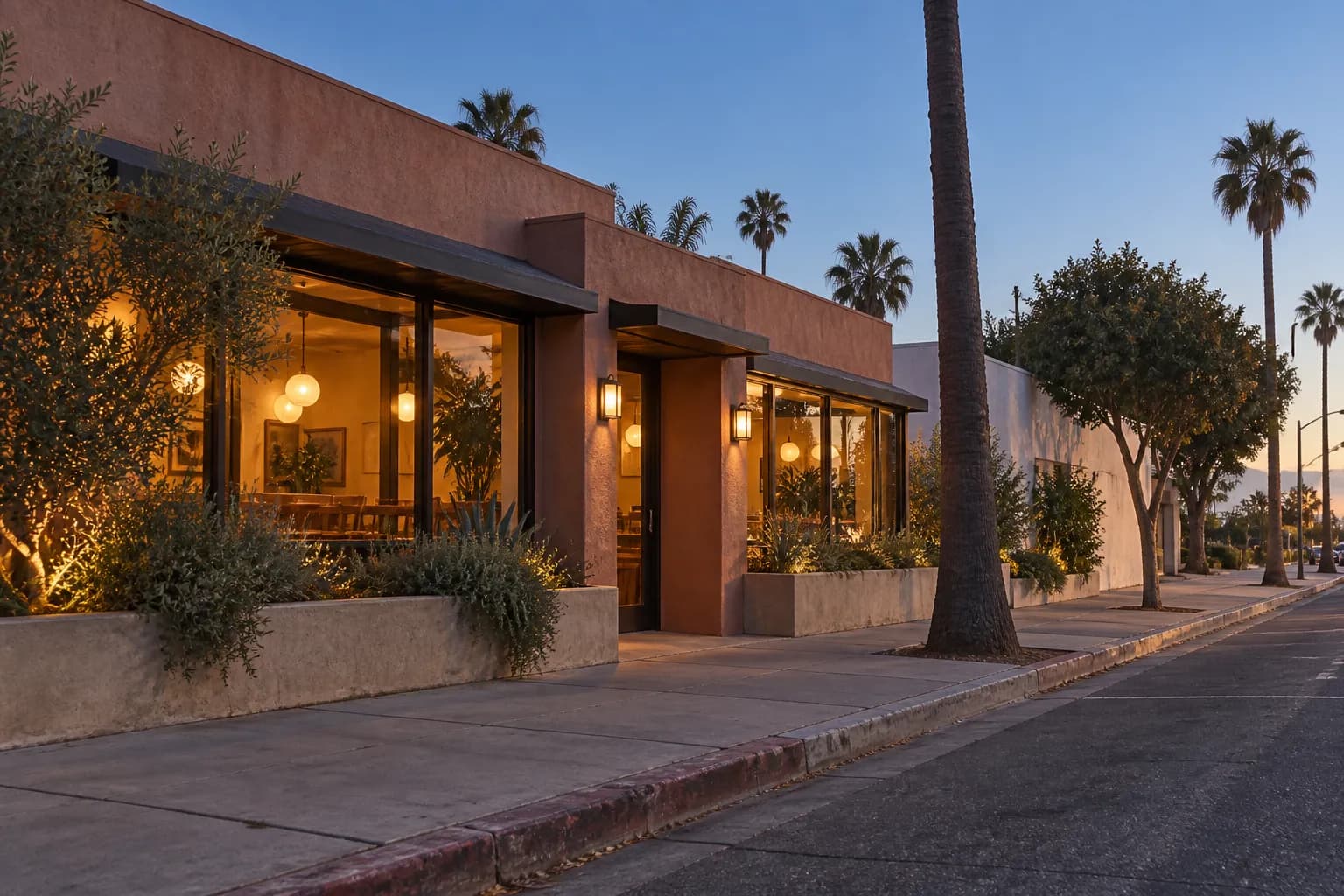 Wide documentary view of a Californian restaurant frontage on Wilshire Boulevard, with warm evening light, pavement, low planting and a clear sense of the street leading through Santa Monica.