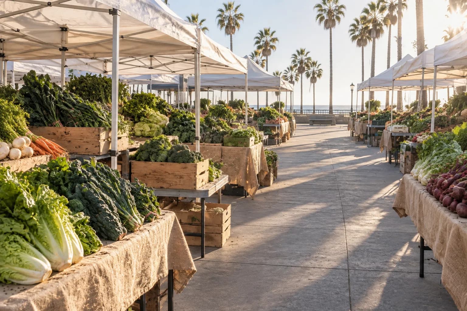 Broad outdoor view of produce stalls at a Santa Monica farmers' market, showing crates of vegetables, sunlit canopies, folding tables and an open public walkway without visible branding.