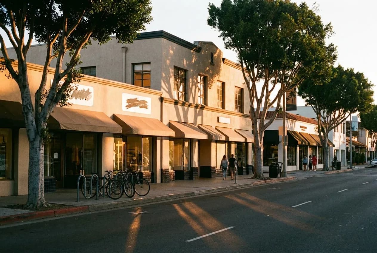 A low commercial street in Santa Monica with storefronts, street trees and clear evening light