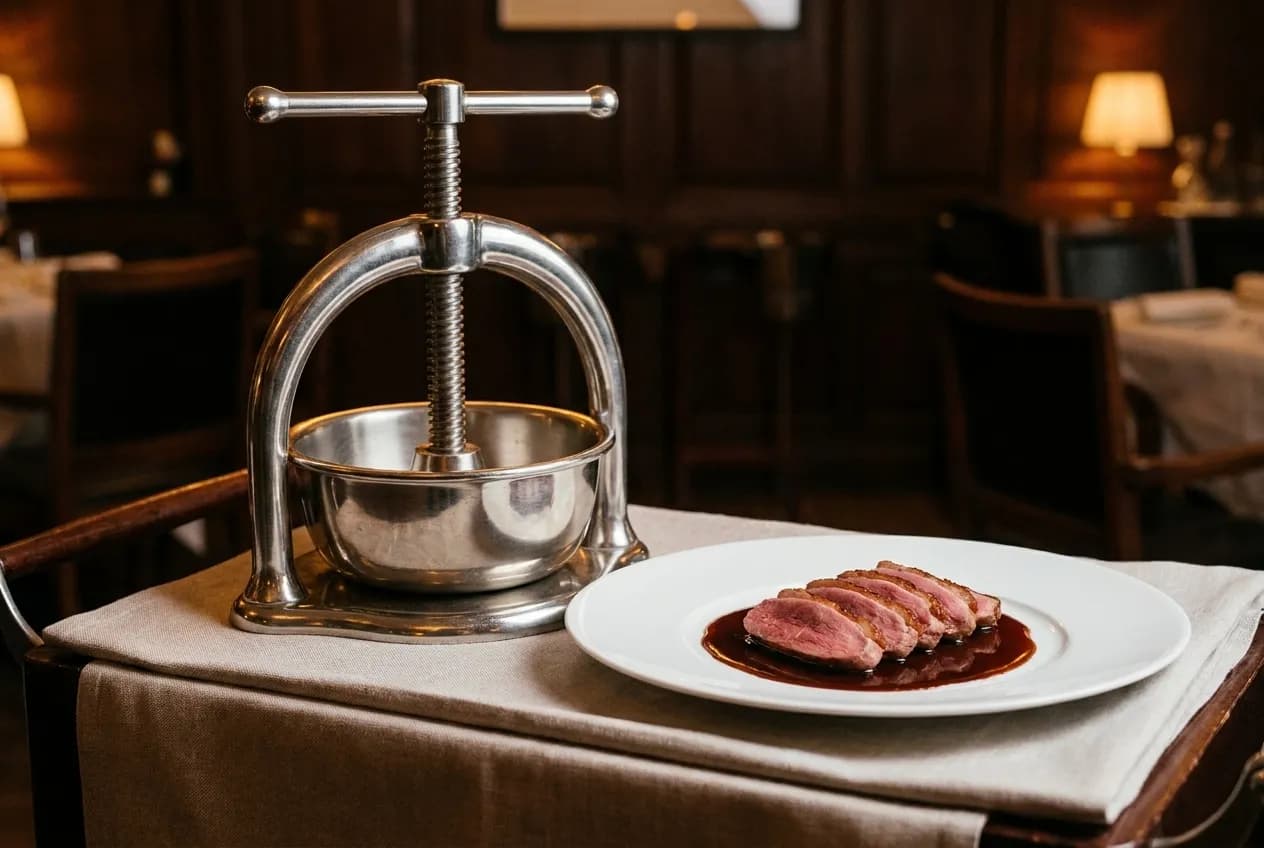A silver duck press on a service trolley beside a plated duck breast in dark sauce