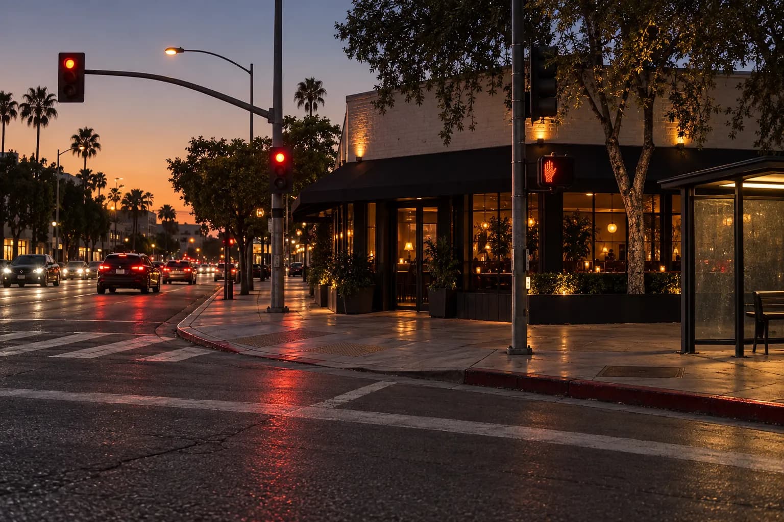 Dusk view of a West Hollywood boulevard corner meeting a smaller cross street, with a warmly lit restaurant frontage, pavement reflections, traffic infrastructure and a nearby transit stop.