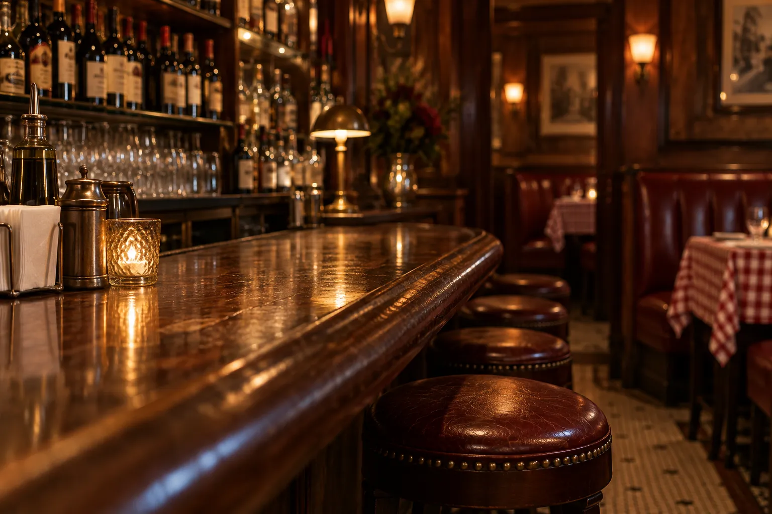 Warm interior view of a bottle-lined bar beside dark wood walls, brown leather seating and red checkered tablecloths, framed tightly at counter height in subdued evening light.