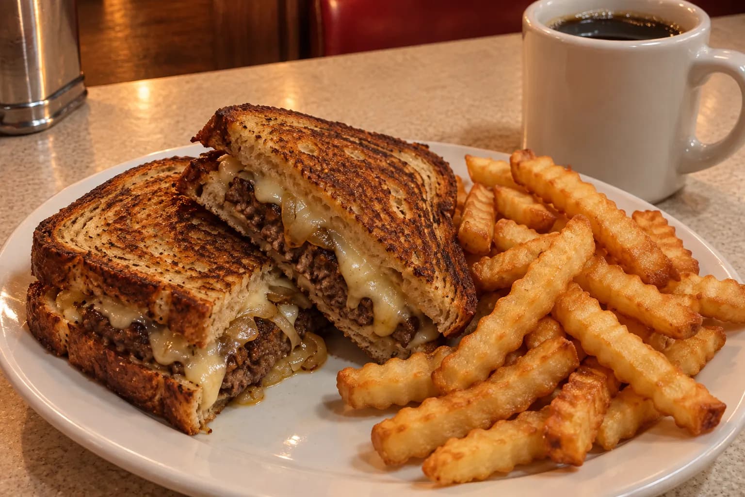 Close photograph of a diner tabletop with a toasted patty melt, crisp fries and a plain ceramic coffee cup, framed from above in warm late-night light with chrome and laminate details.