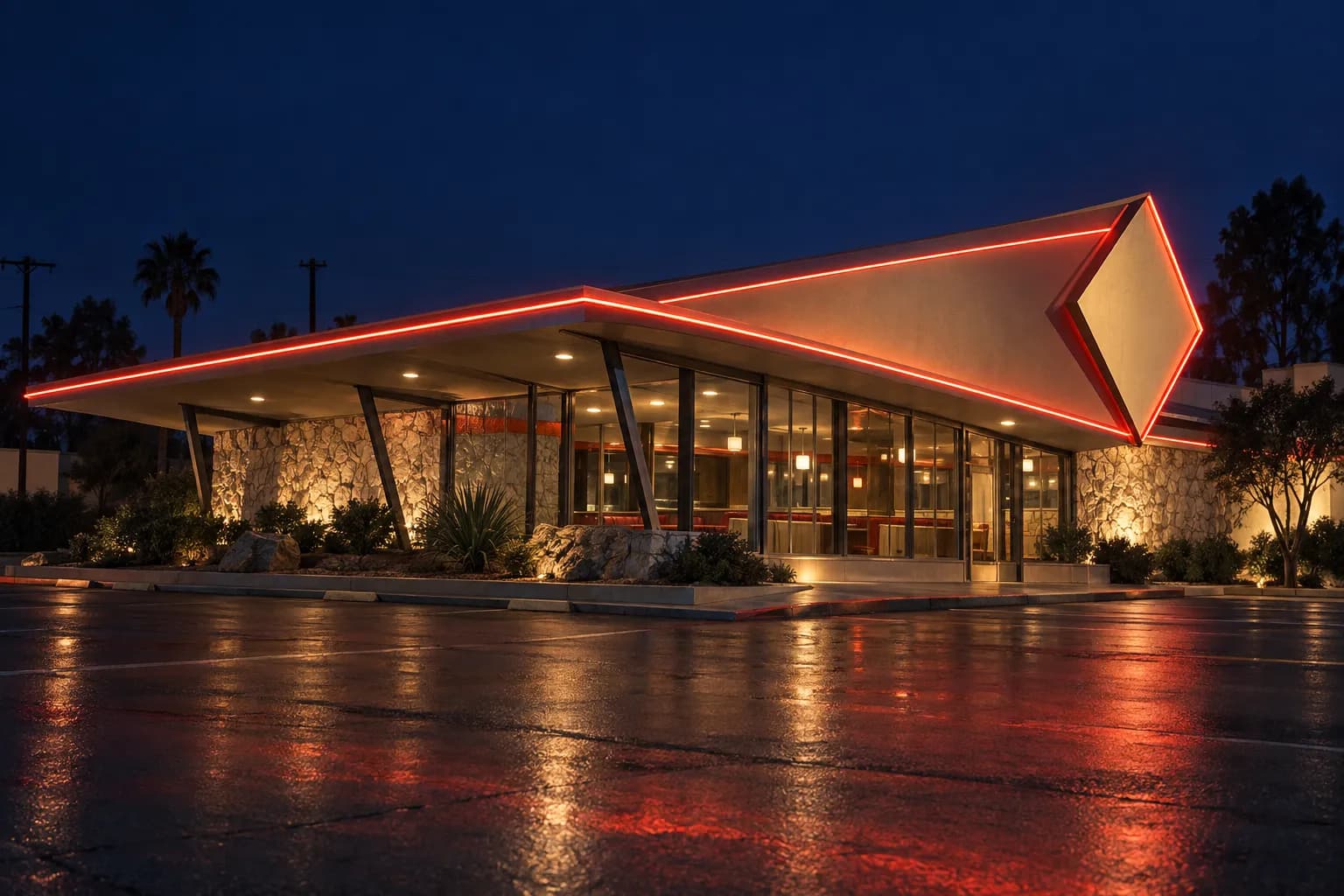 Night photograph of a low-slung Googie diner exterior with a diamond roofline, glass walls, natural stone and glowing neon accents against the dark Beverly Grove street.