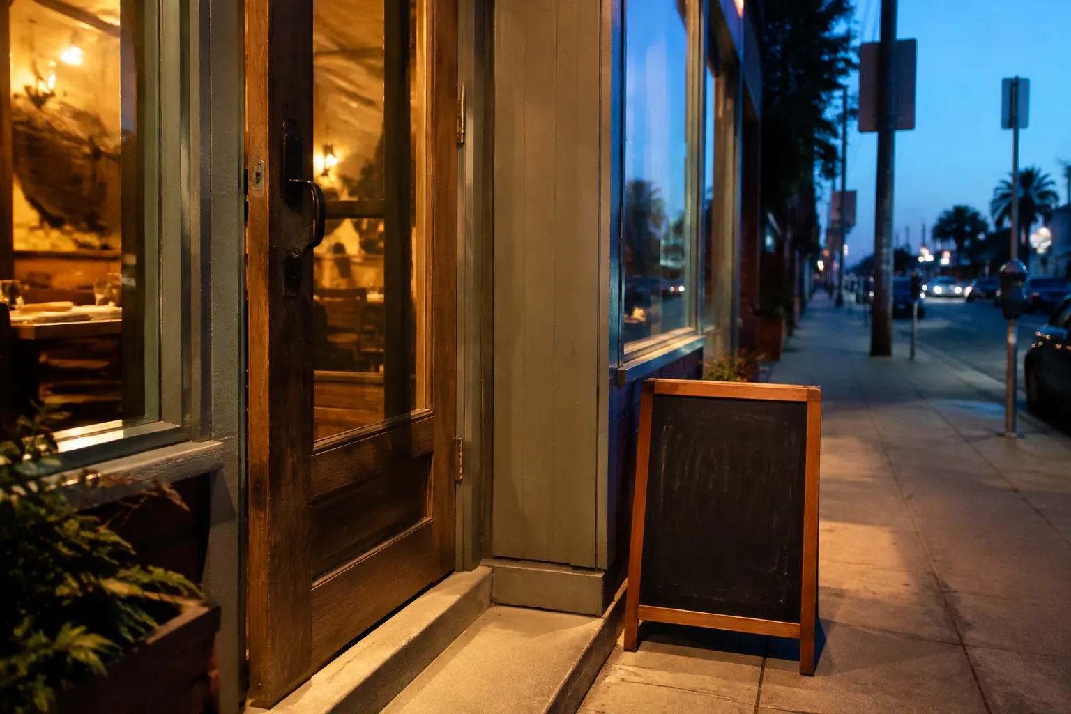 Restaurant entrance on Sawtelle Boulevard with sidewalk chalkboard and evening light
