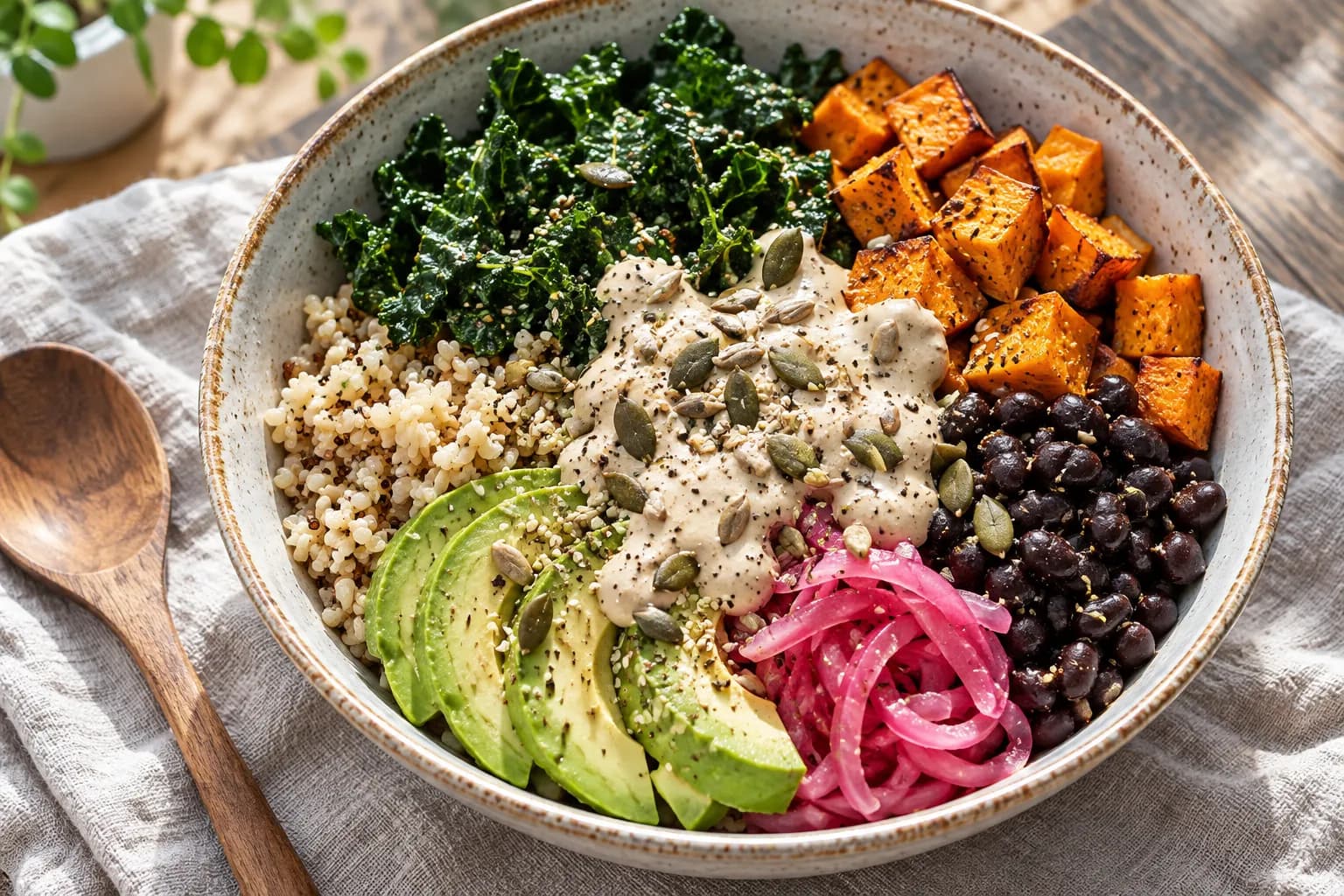 A generous vegan bowl of grains, greens, roasted vegetables and cashew dressing