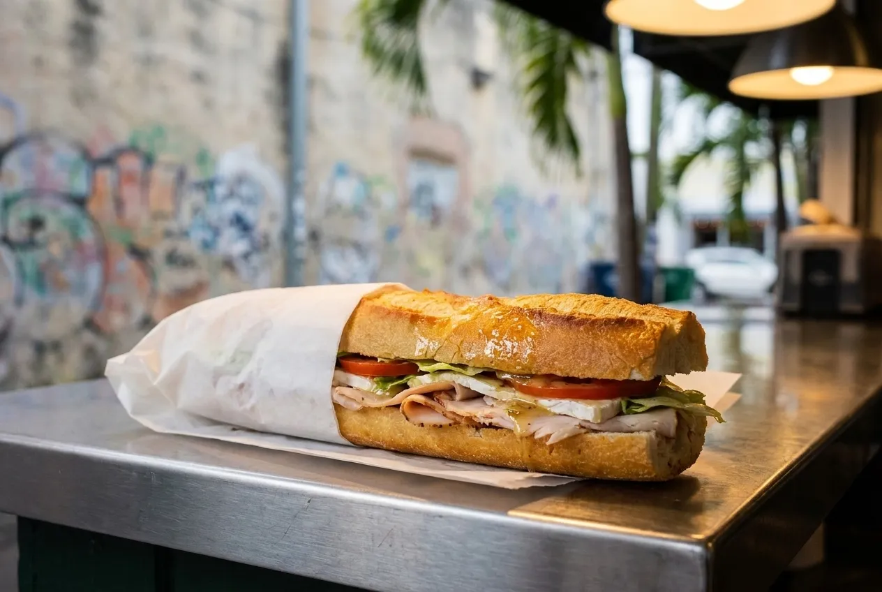 A French baguette sandwich with turkey, brie, and vinaigrette on a stainless counter in warm light