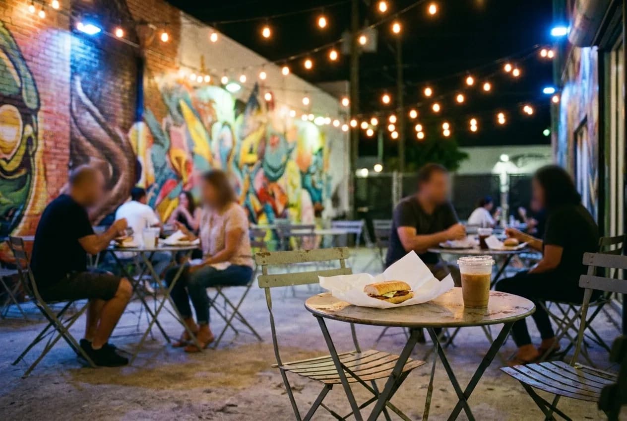 An outdoor cafe terrace at night in Wynwood with string lights, metal tables, and a mural in the background