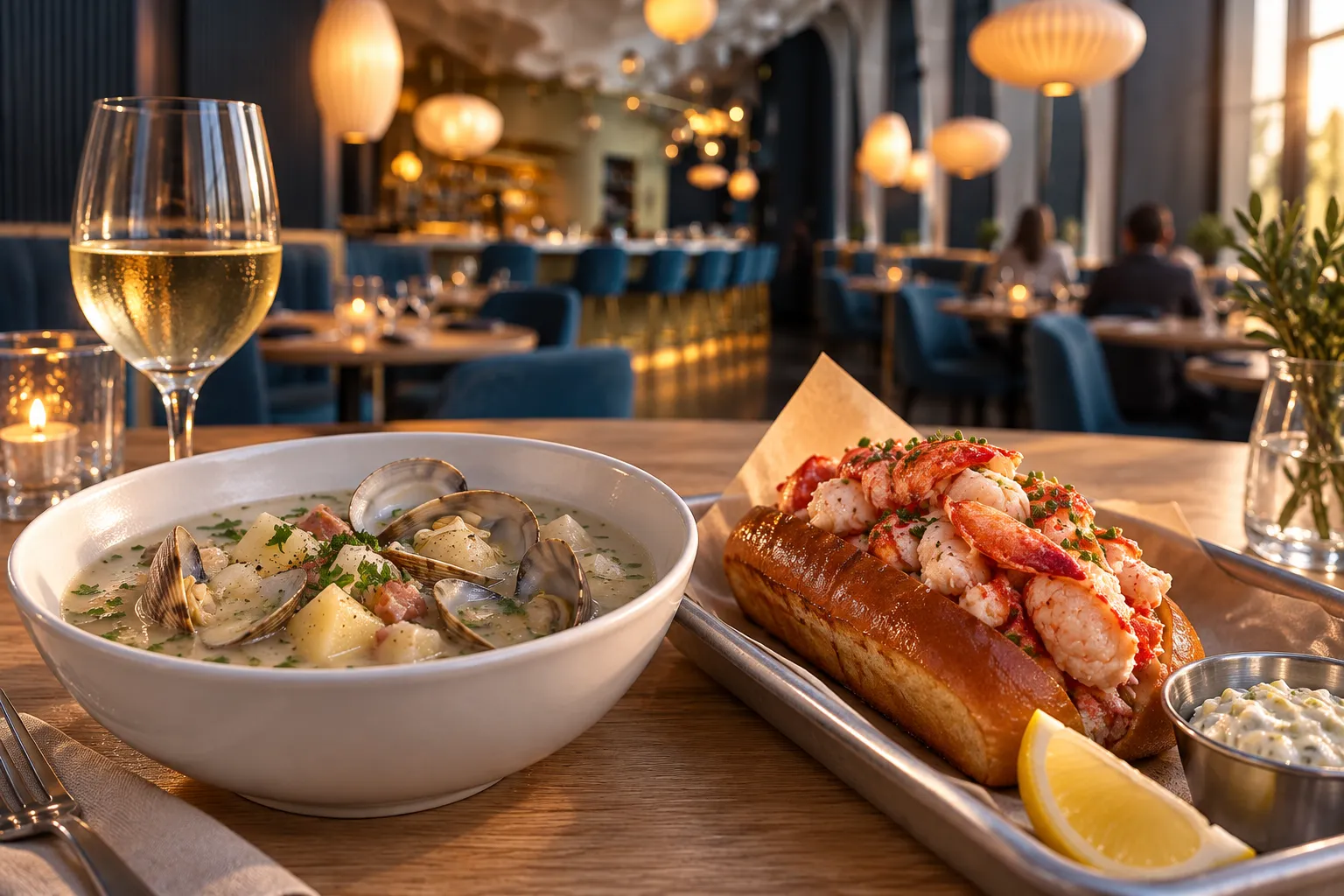 A clear-broth clam chowder beside a warm buttered lobster roll on a paper-lined tray
