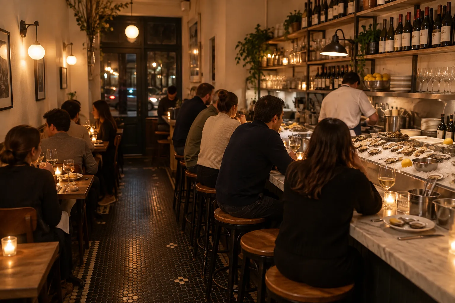 A tiny room with a short bar, a few tables, and an ice display of shellfish behind the counter