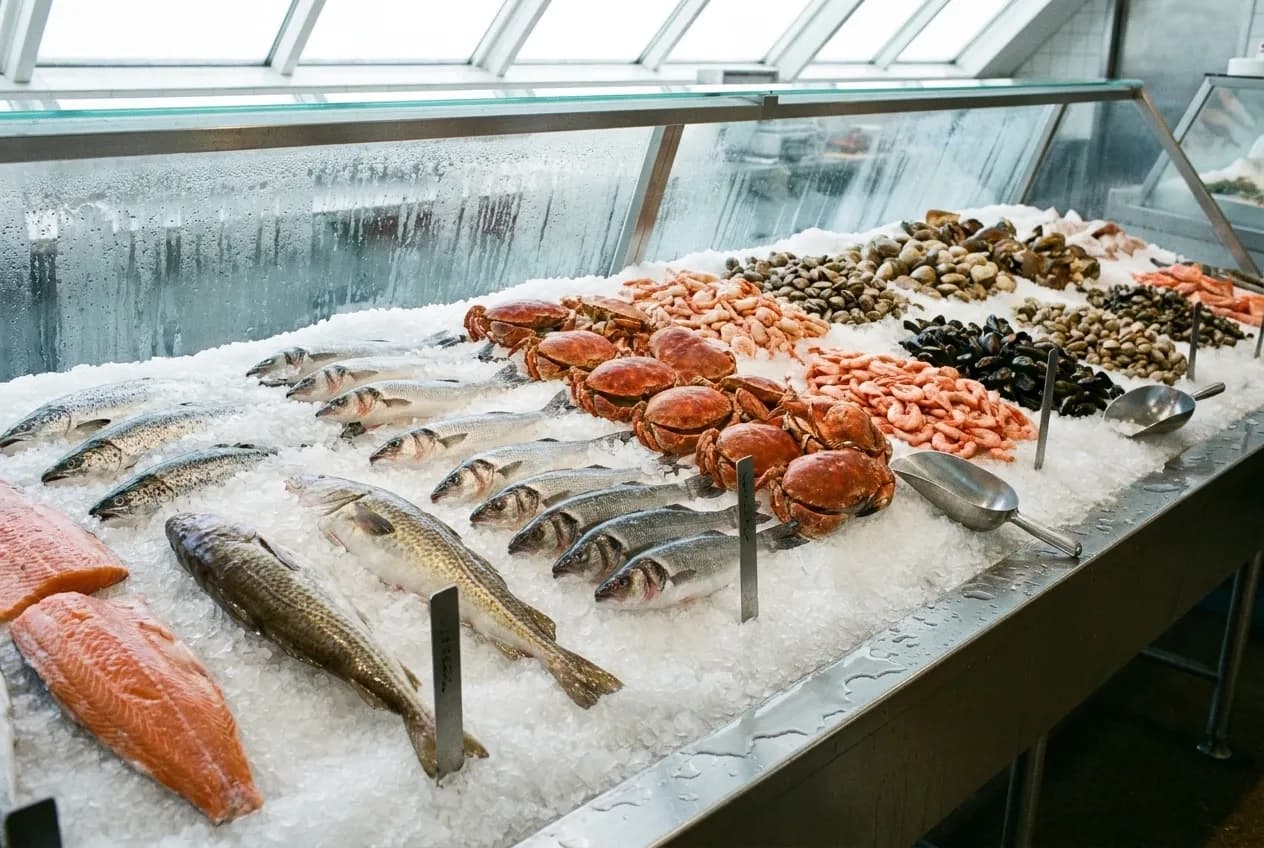 Crushed ice counters filled with whole fish and shellfish under bright light