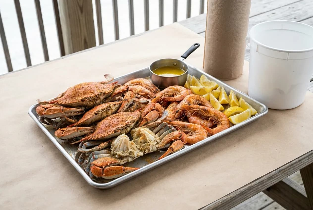 A tray of steamed crab and shrimp on a paper-covered outdoor table