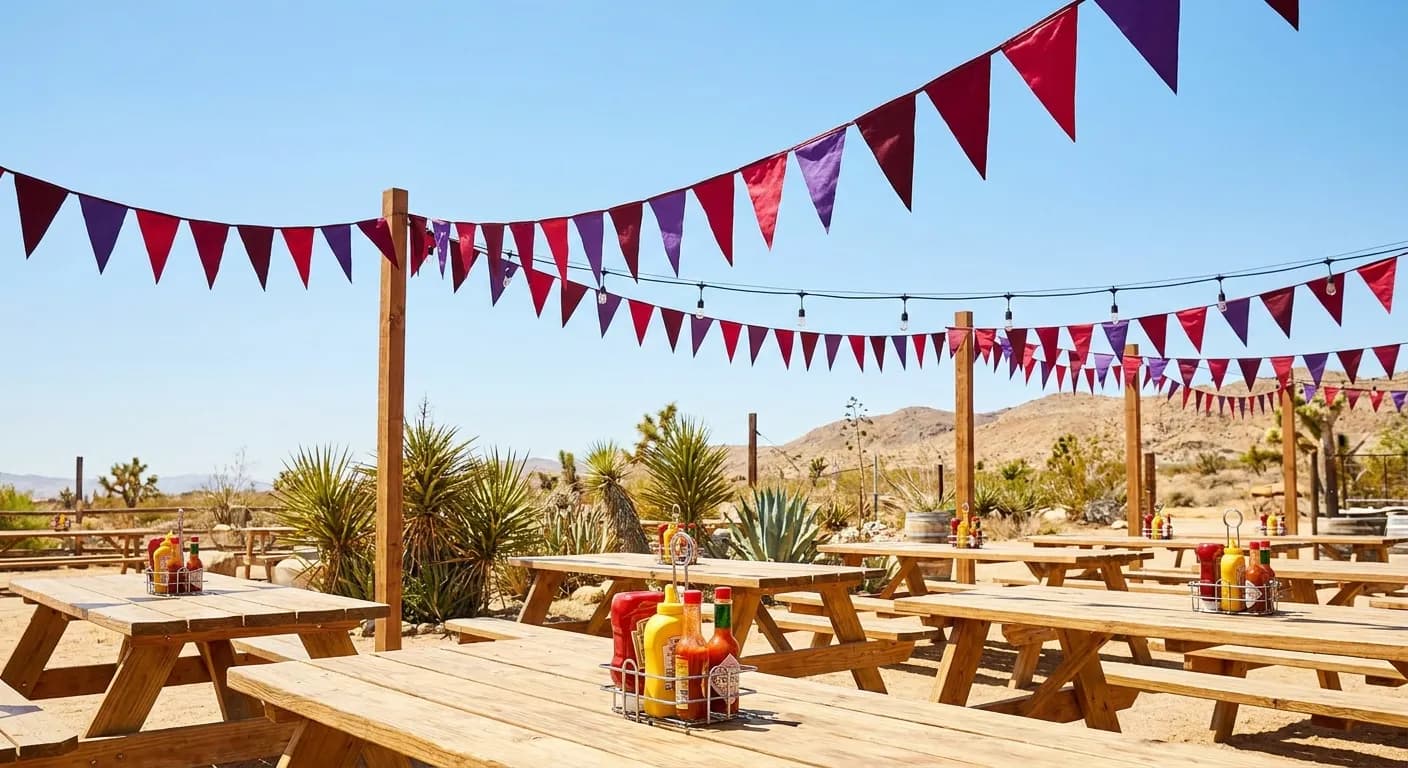 A bar patio decked with maroon and crimson bunting under bright morning California sun