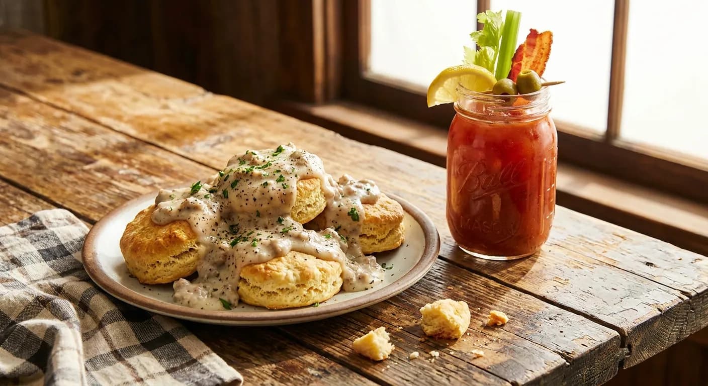 Biscuits and gravy with a bloody mary on a wooden bar table in morning light