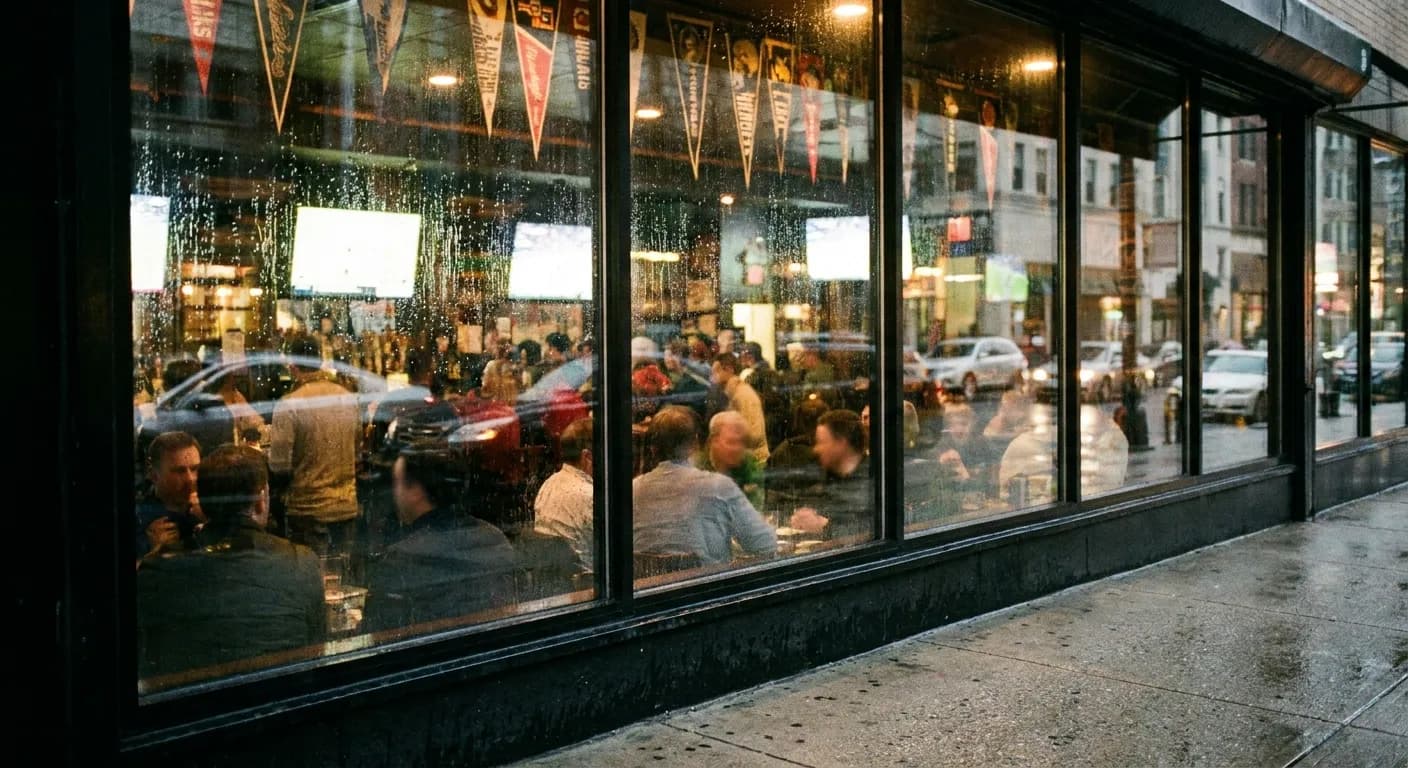 A crowded bar's warm interior seen from outside through a window on a bright morning
