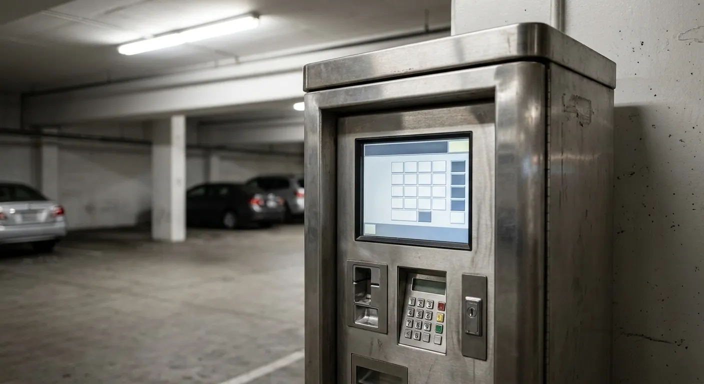 Close view of a parking garage ticket kiosk and payment terminal with digital display