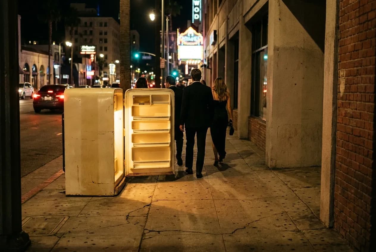 Vintage refrigerator door entrance to Davey Wayne's speakeasy glowing on Hollywood sidewalk at night with people approaching