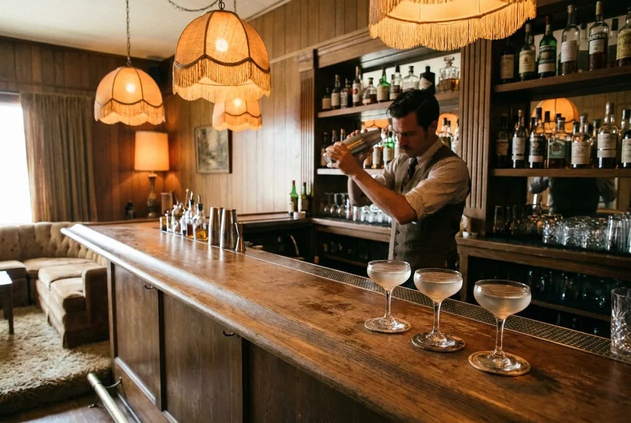 Bartender mixing cocktails at wooden bar counter inside Davey Wayne's with vintage lamps and 1970s decor visible