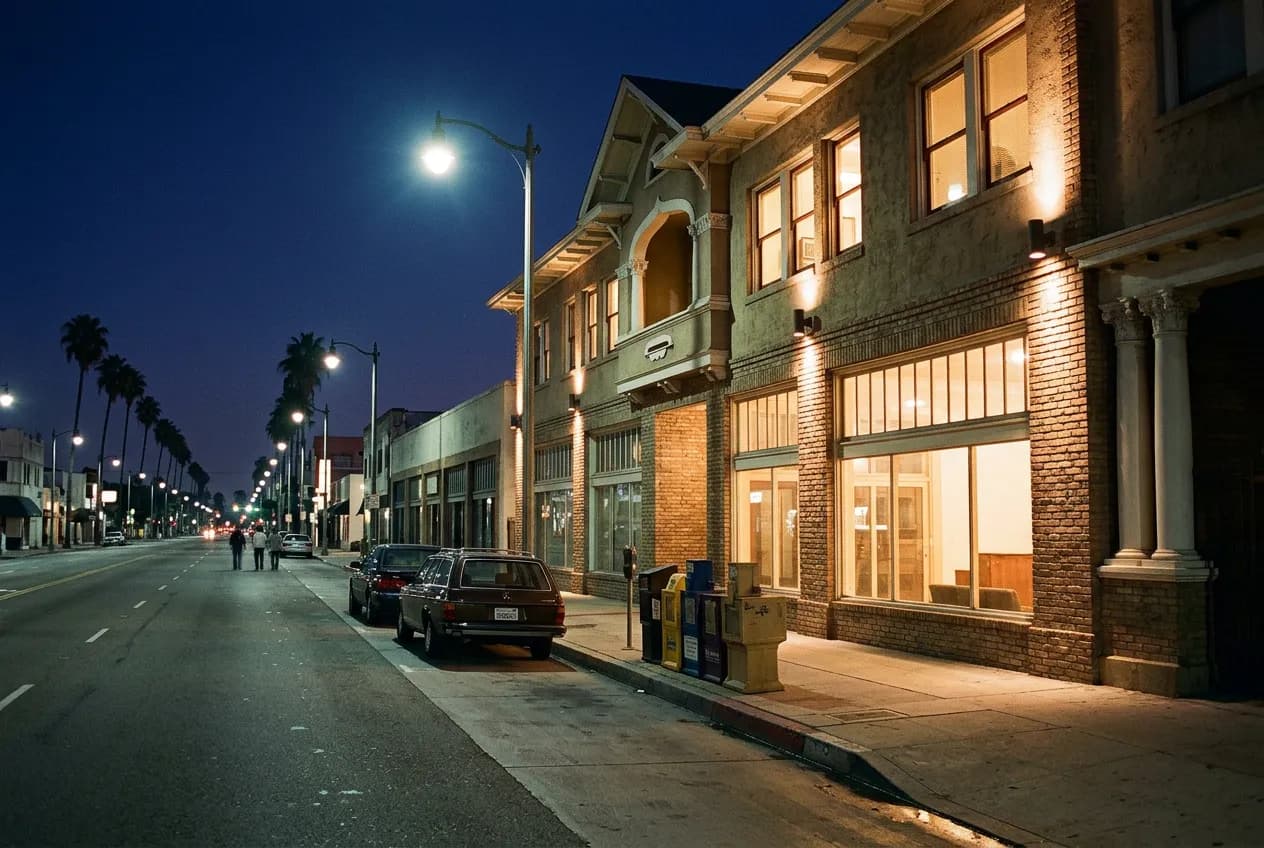 Night exterior view of a Highland Park corner bar building with brick facade and warm window light on Figueroa Street
