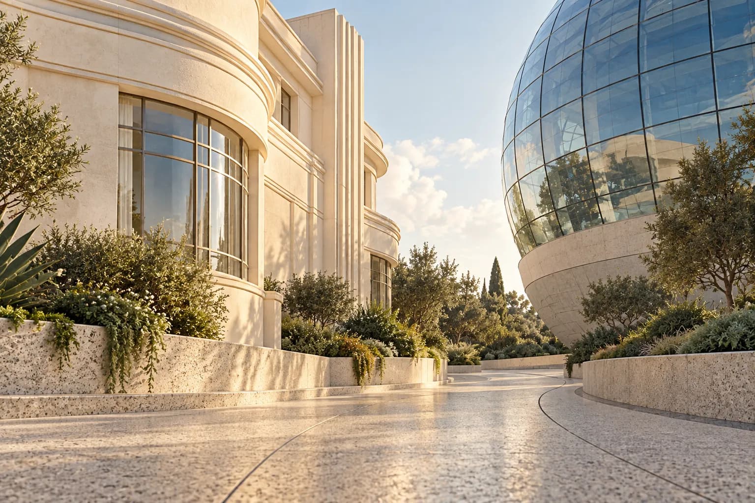 A landscaped pedestrian route beside contrasting modern glass and historic streamlined architecture, viewed at ground level with long shadows, muted paving and a broad Los Angeles sky.