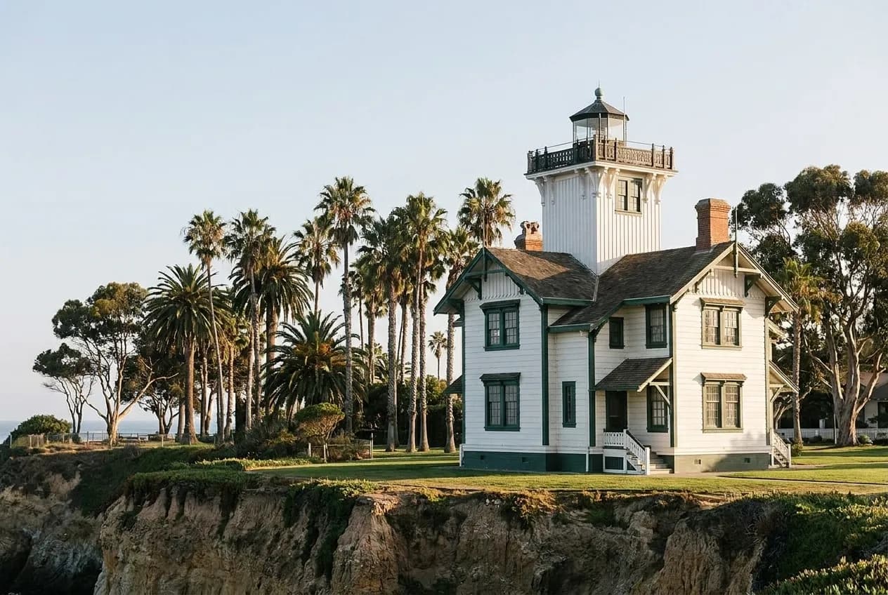 A white and green wooden Victorian lighthouse with a lantern room on a grassy coastal bluff