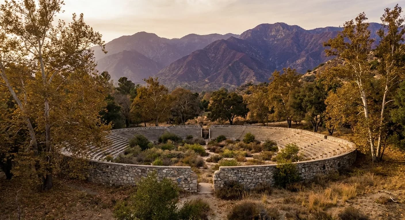 A storied bowl stadium nestled in a leafy arroyo with mountains behind at late afternoon