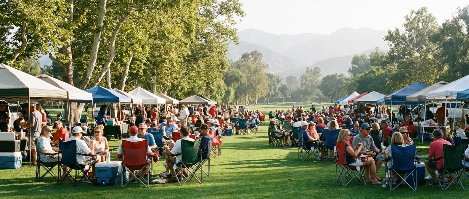 Tailgate scene on a golf course fairway with folding chairs and mountains in the distance