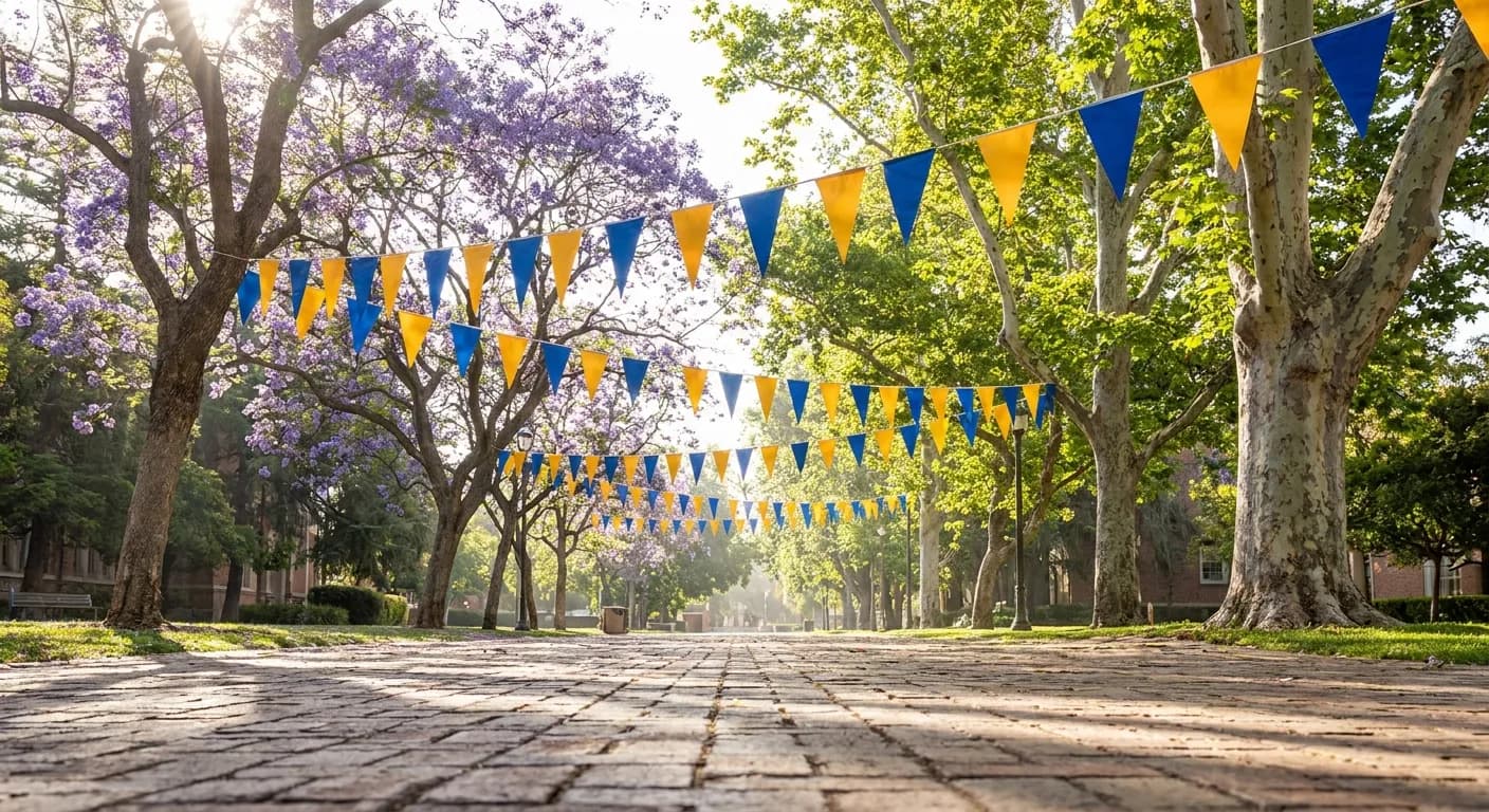 Blue and gold flags on a leafy campus walkway in bright morning light