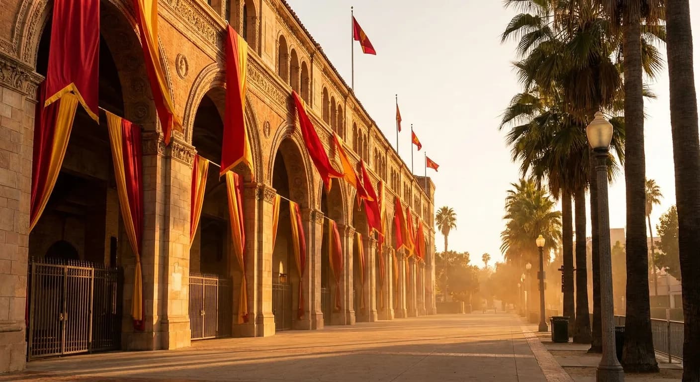 Golden-hour light over a historic coliseum with cardinal and gold flags lining a walkway