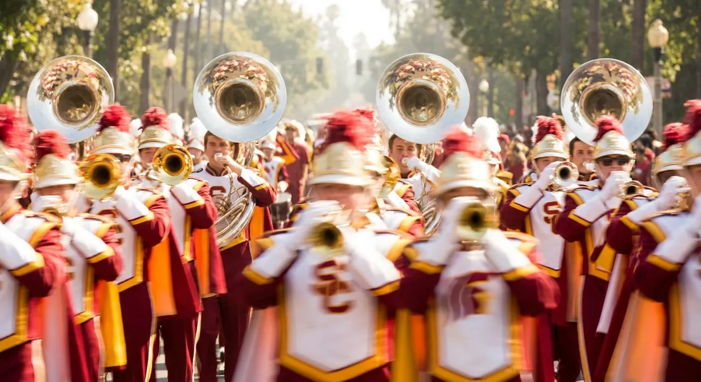 A marching band's brass instruments gleaming in sunlight during a stadium procession