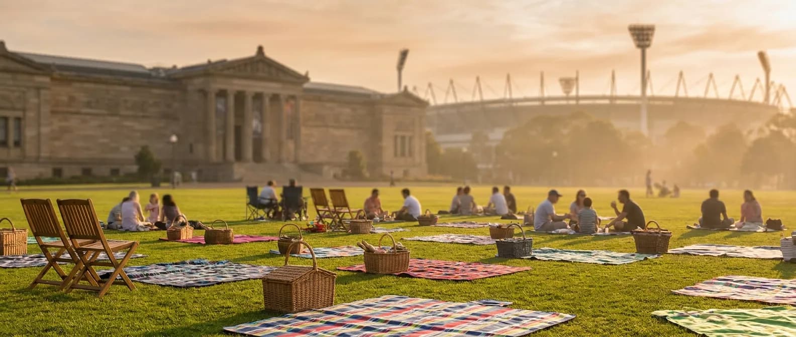 Tailgate blankets and picnics on a museum lawn with a stadium in the background
