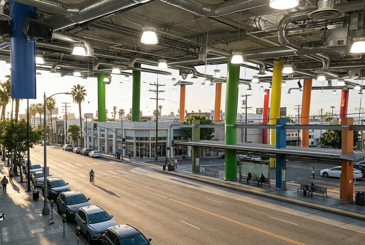 Street corner in Hollywood with a Metro rail stop and pedestrians under afternoon light