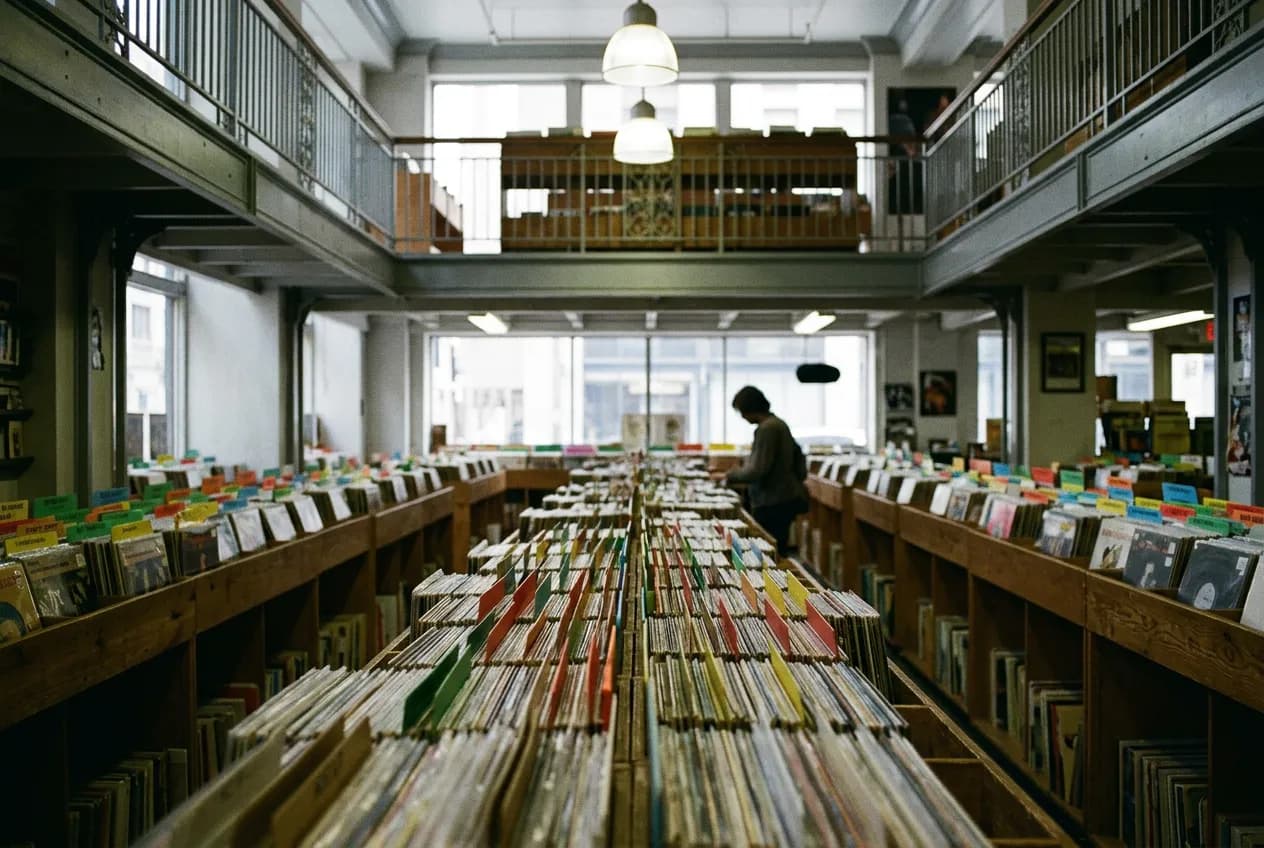 Close view of vinyl record bins and colorful shelf dividers inside a large record store