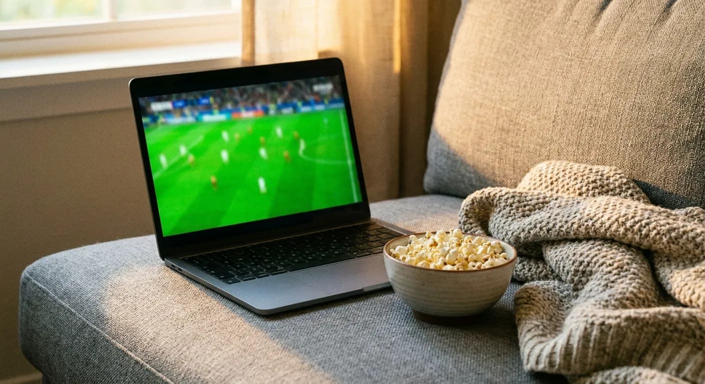 A laptop on a couch showing a bright soccer pitch with a bowl of popcorn nearby
