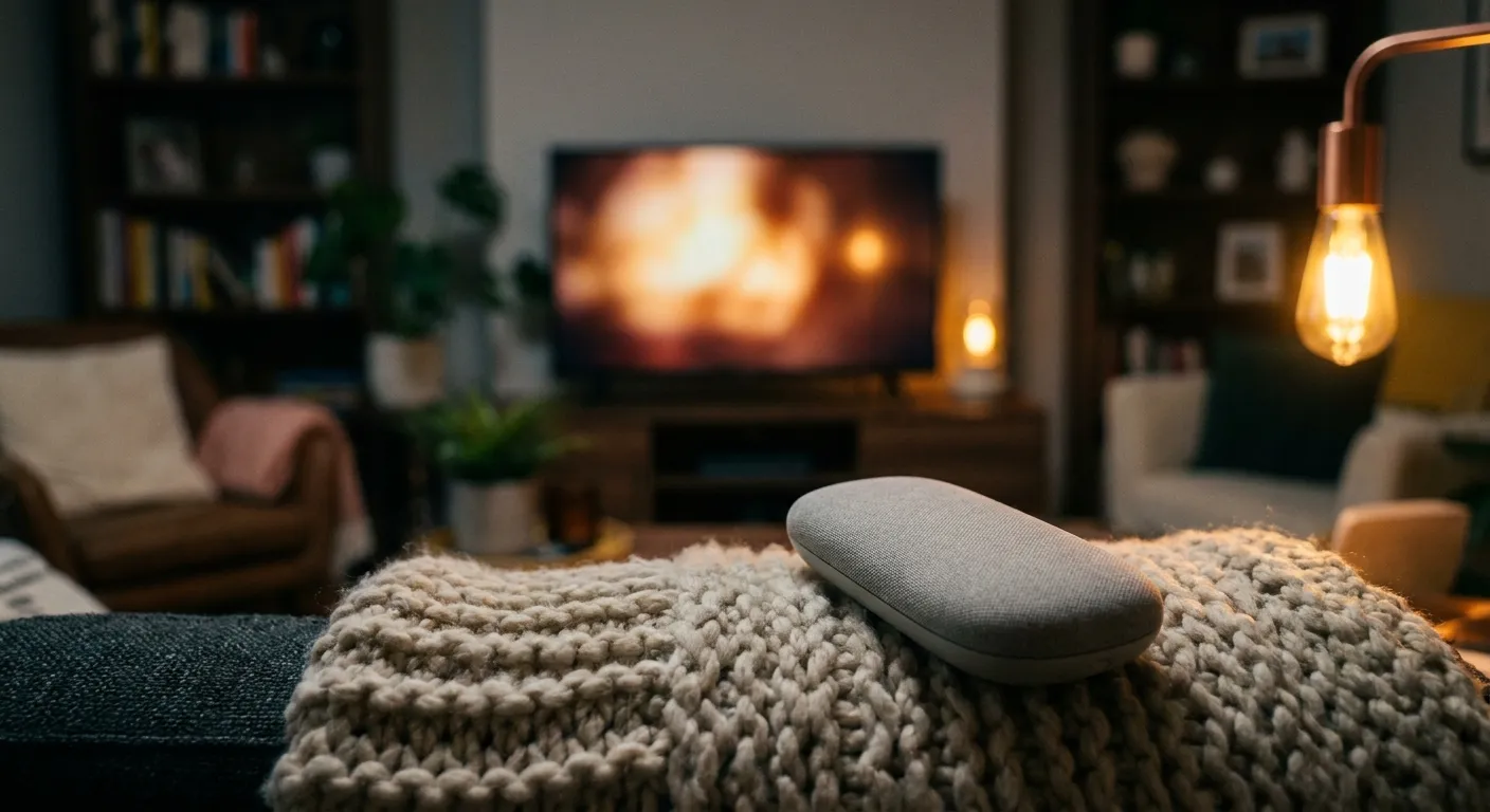 A TV remote pointed at a glowing screen in a dim cozy living room
