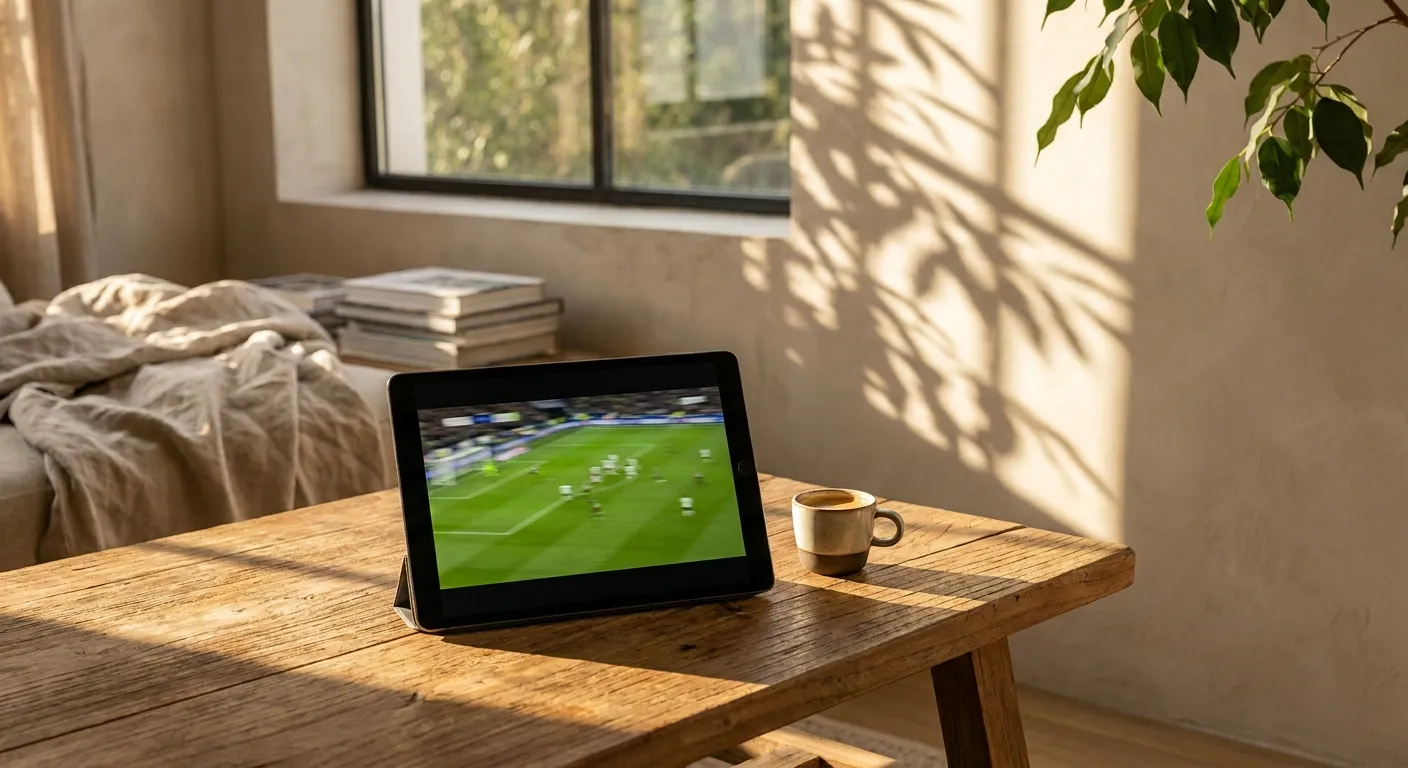 Morning sunlight on a coffee table with a tablet showing a soccer broadcast and an espresso
