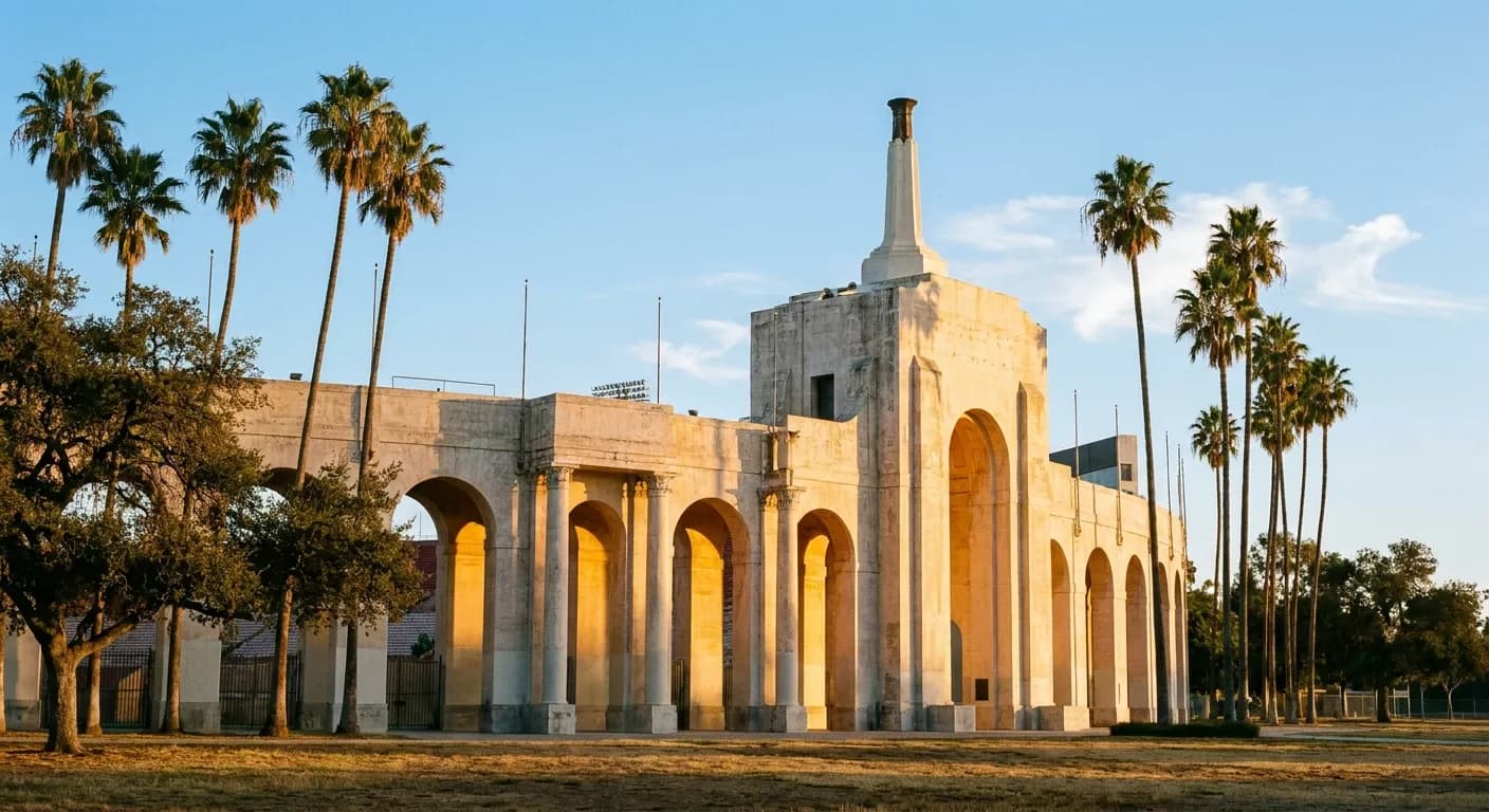A grand old coliseum peristyle glowing in late-afternoon light with palm trees framing it