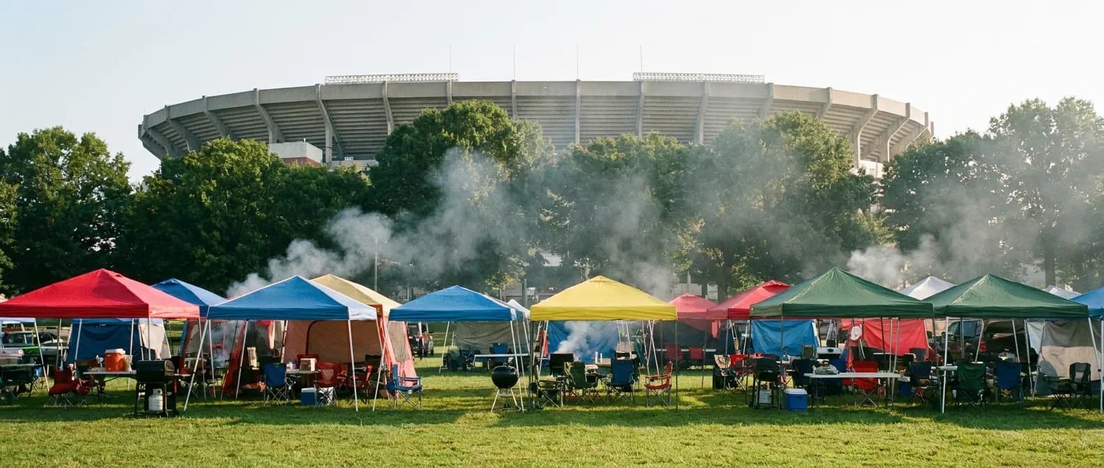 Tailgate tents and smoke drifting over a green park near a stadium in morning light