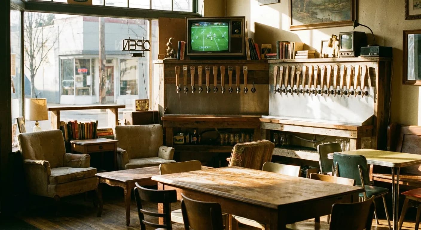A bar TV glowing with a football broadcast over taps in a relaxed afternoon room