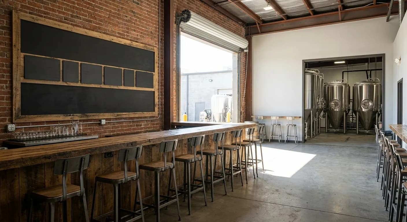 A tasting room bar in a converted industrial unit with a long counter, stools and steel tanks visible through a doorway behind