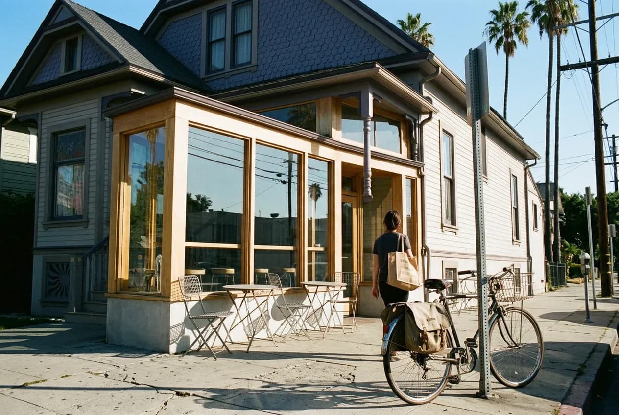 Morning light on a Sunset Boulevard café storefront in Silver Lake with front outdoor tables and blond-wood window trim