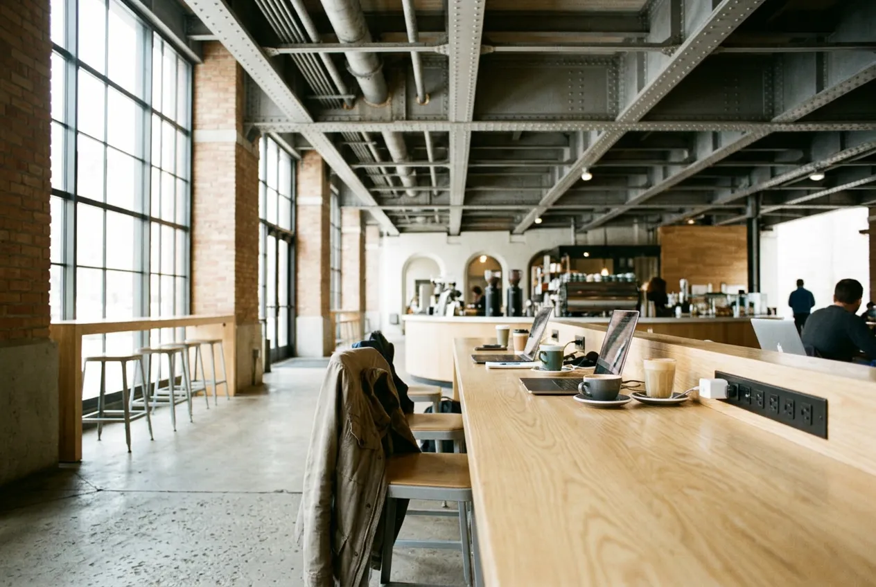 Close view of a long communal wooden café table with laptops, cups, and a wall outlet within reach of each seat