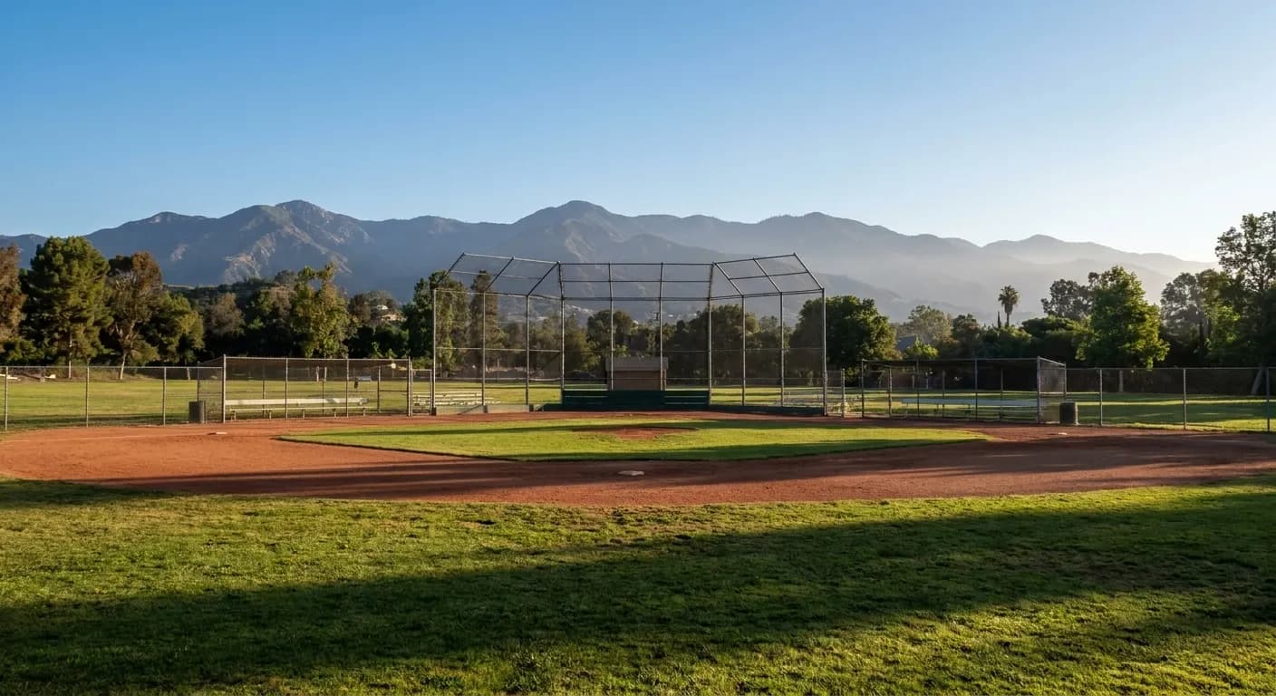 Youth baseball diamond at Griffith Park with San Gabriel Mountains visible in background, chain-link backstop and green outfield grass under morning light