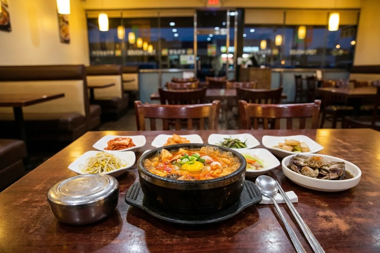 Steaming Koreatown tofu stew with banchan on a late-night table
