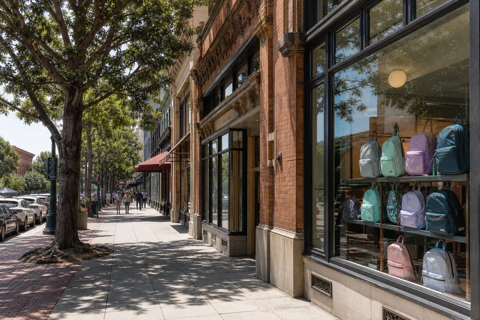 Sunlit Pasadena shopping street with storefront windows and backpack displays