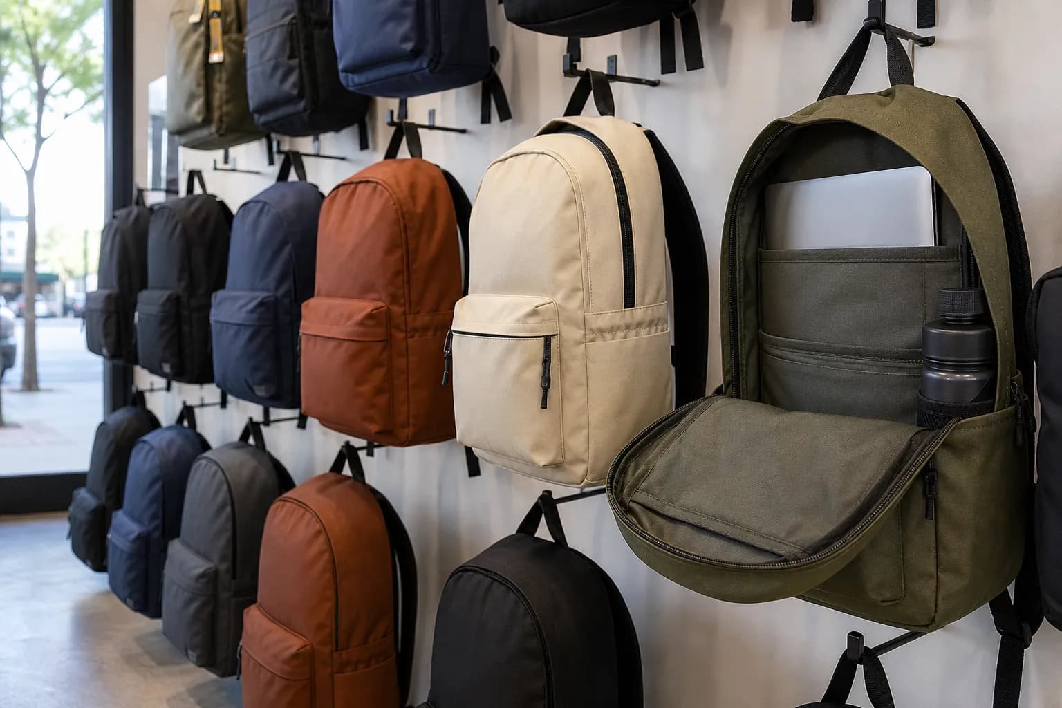 Backpacks hanging inside a Pasadena store with straps and laptop pockets visible