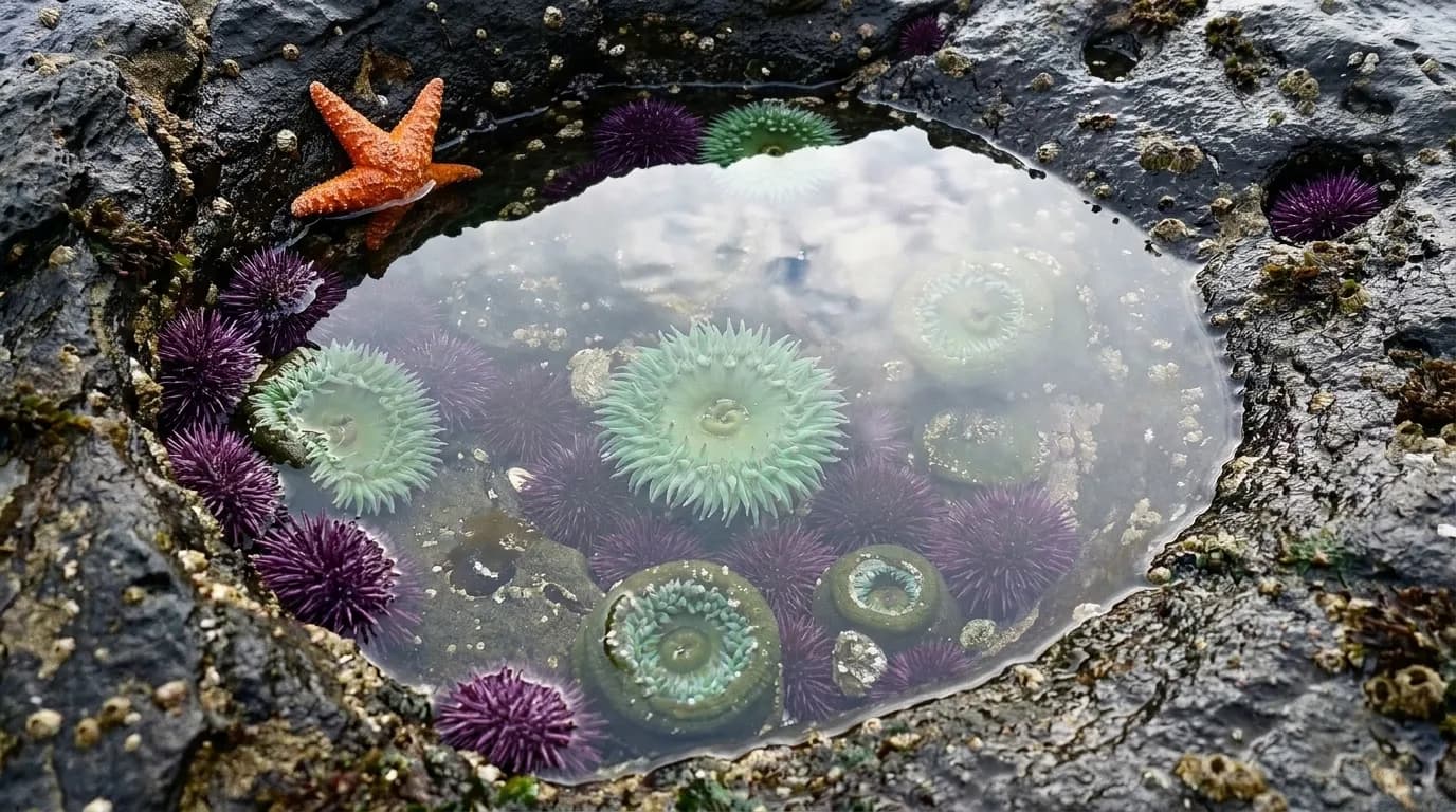 A shallow tide pool with purple sea urchins and orange starfish visible between wet rocks.
