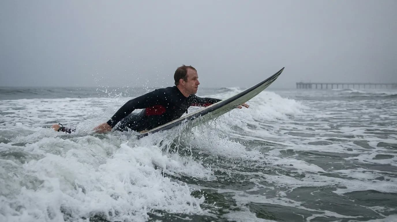 A surfer paddling out through whitewater on a grey morning with the pier faint in the distance.