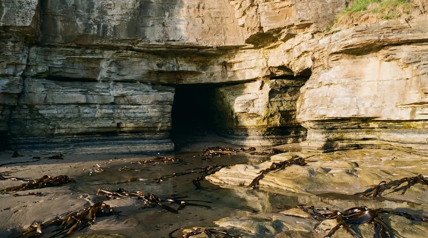 A sea cave opening in a coastal rock face with wet sand and tide pools in the foreground.